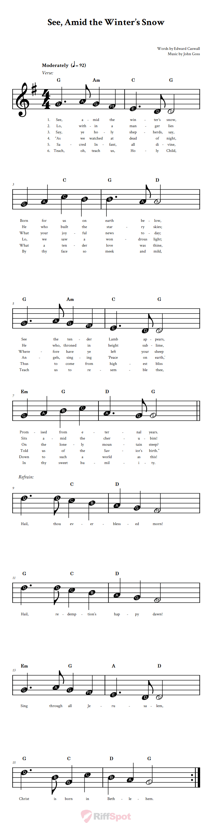 See, Amid the Winter's Snow Beginner Sheet Music With Letters for Note Names
