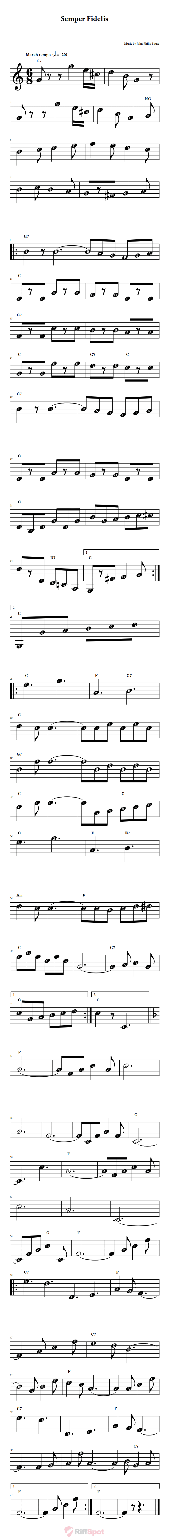 Semper Fidelis Beginner Treble Clef Sheet Music With Letters for Note Names