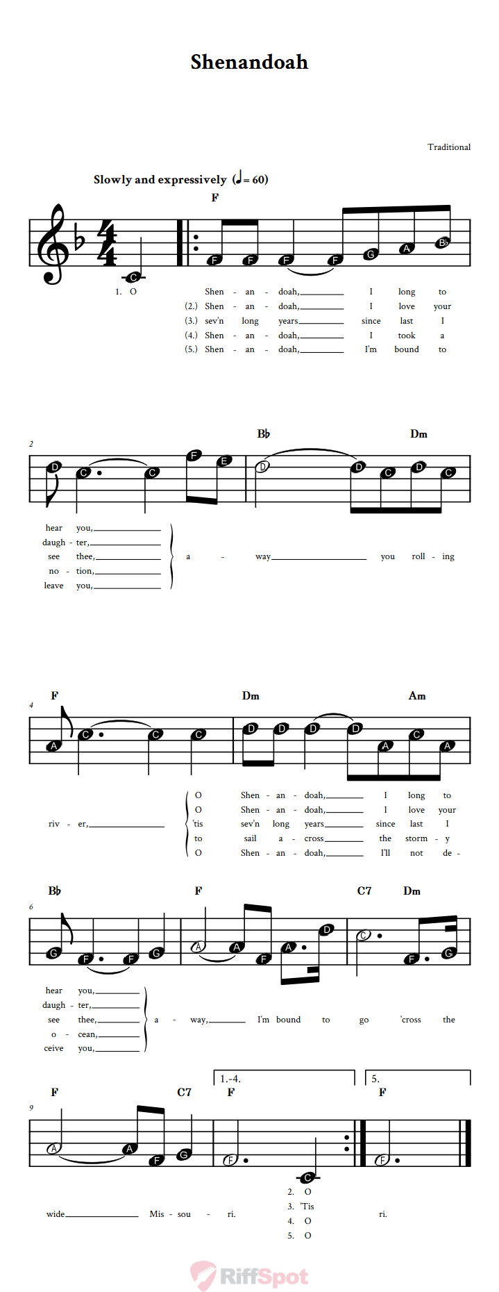 Shenandoah Beginner Treble Clef Sheet Music With Letters for Note Names