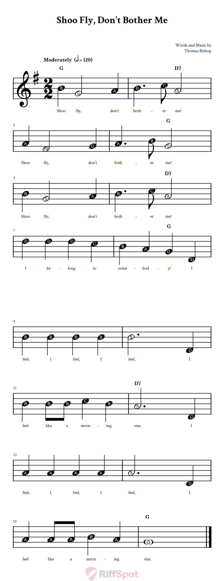 Shoo Fly, Don't Bother Me Beginner Sheet Music With Letters for Note Names