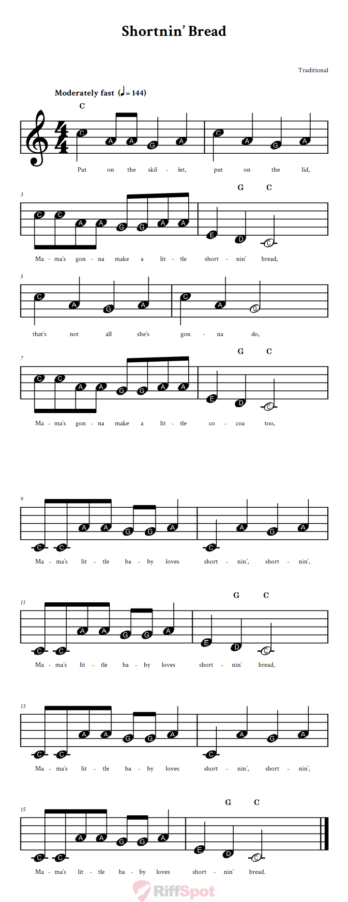 Shortnin' Bread Beginner Sheet Music With Letters for Note Names