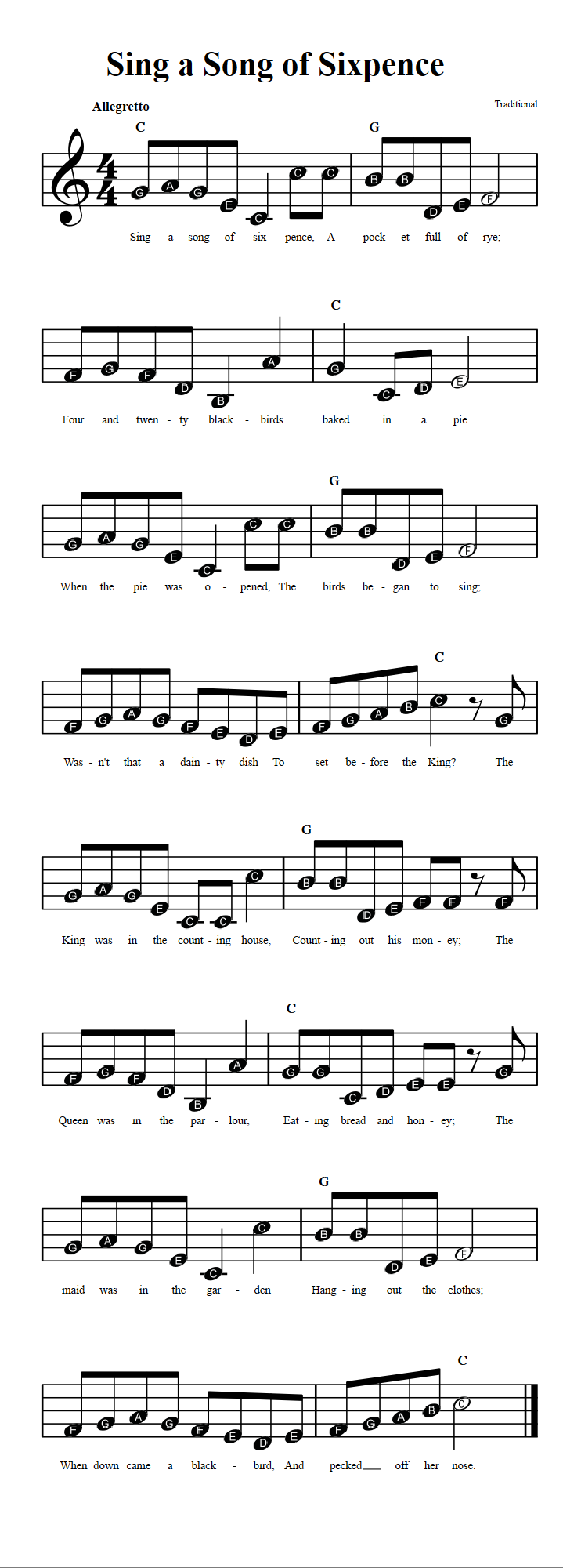 Sing a Song of Sixpence  Beginner Sheet Music