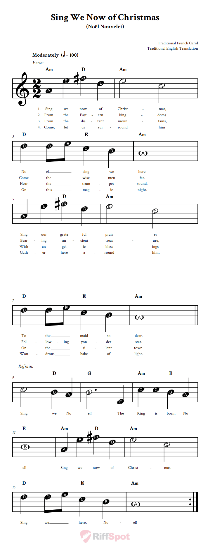 Sing We Now of Christmas Beginner Sheet Music With Letters for Note Names
