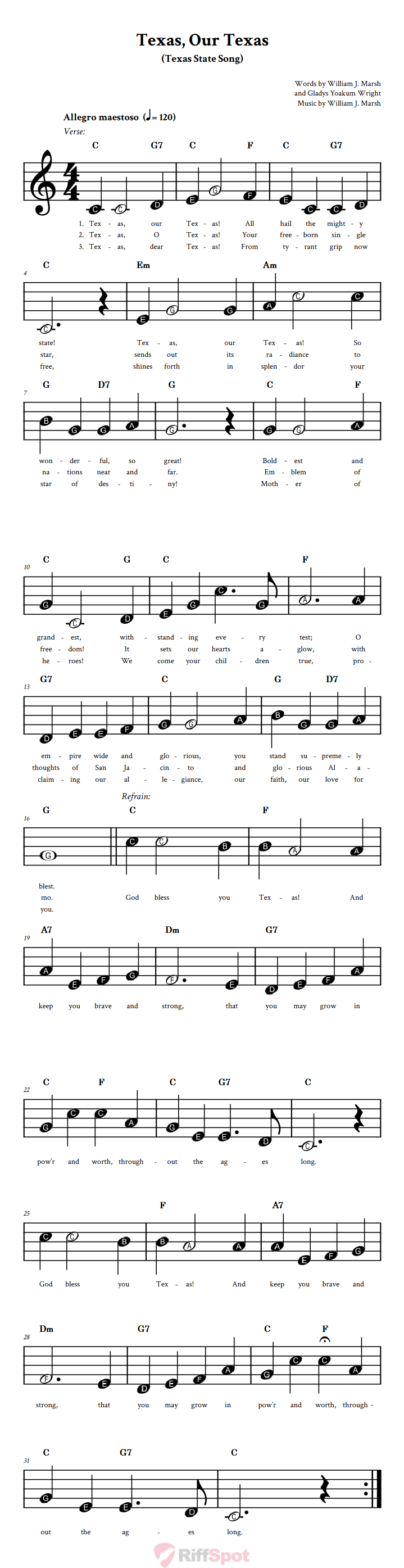 Texas, Our Texas Beginner Treble Clef Sheet Music With Letters for Note Names