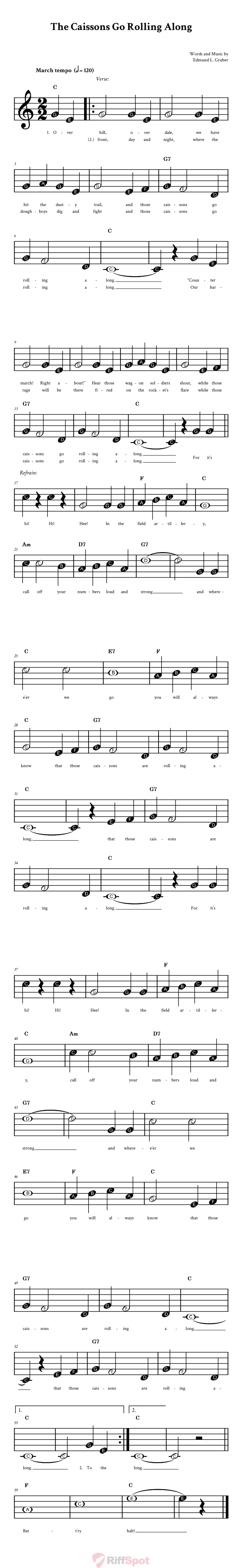 The Caissons Go Rolling Along Beginner Treble Clef Sheet Music With Letters for Note Names