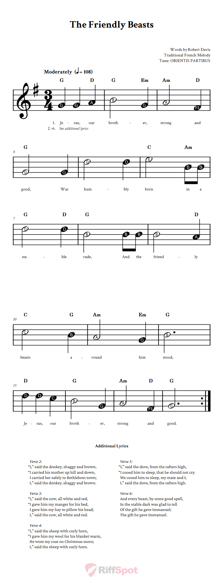The Friendly Beasts Beginner Sheet Music With Letters for Note Names