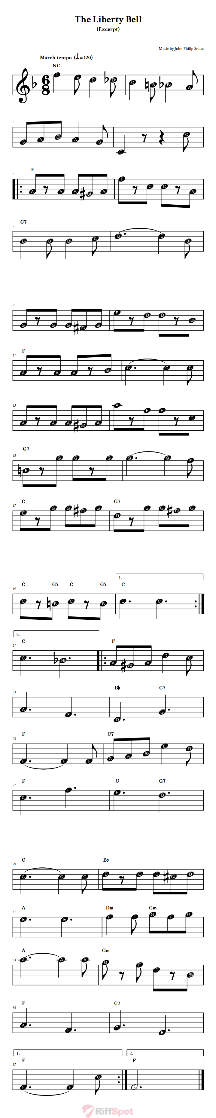 The Liberty Bell Beginner Treble Clef Sheet Music With Letters for Note Names