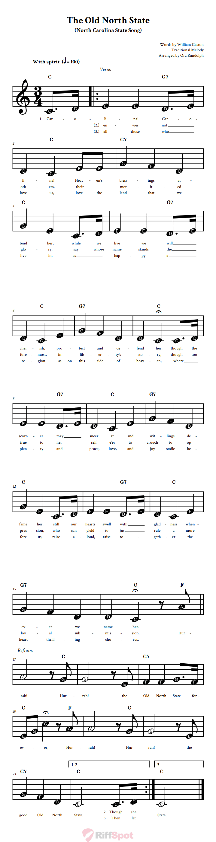 The Old North State Beginner Treble Clef Sheet Music With Letters for Note Names