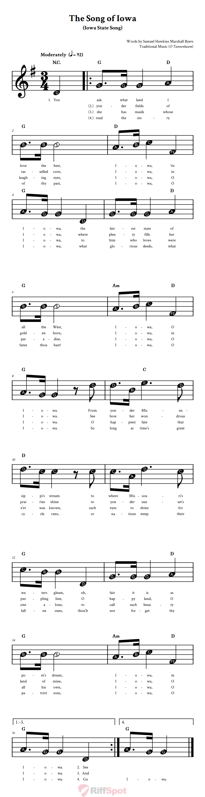 The Song of Iowa Beginner Treble Clef Sheet Music With Letters for Note Names