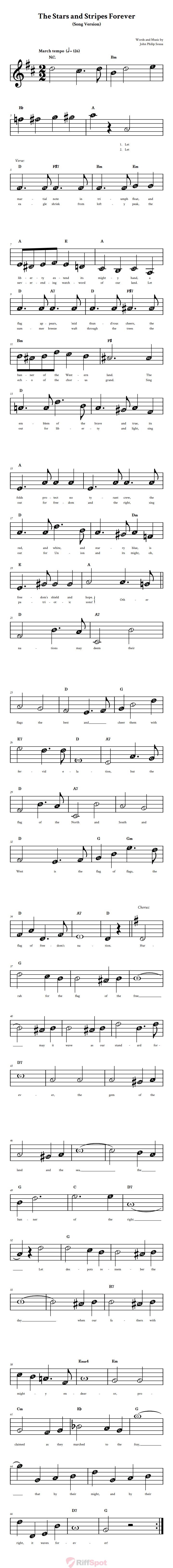 The Stars and Stripes Forever (Song) Beginner Treble Clef Sheet Music With Letters for Note Names