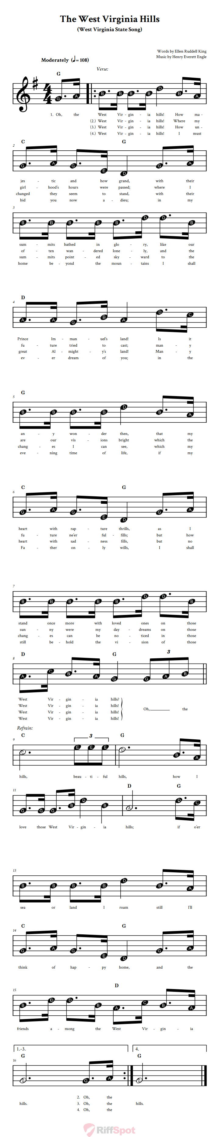 The West Virginia Hills Beginner Treble Clef Sheet Music With Letters for Note Names