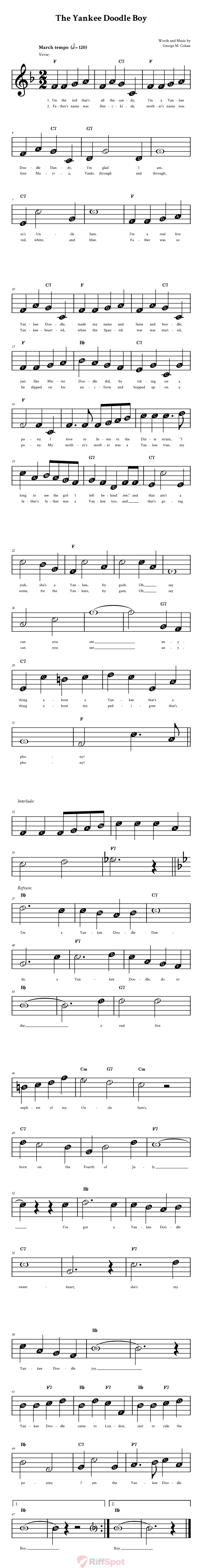 The Yankee Doodle Boy Beginner Treble Clef Sheet Music With Letters for Note Names