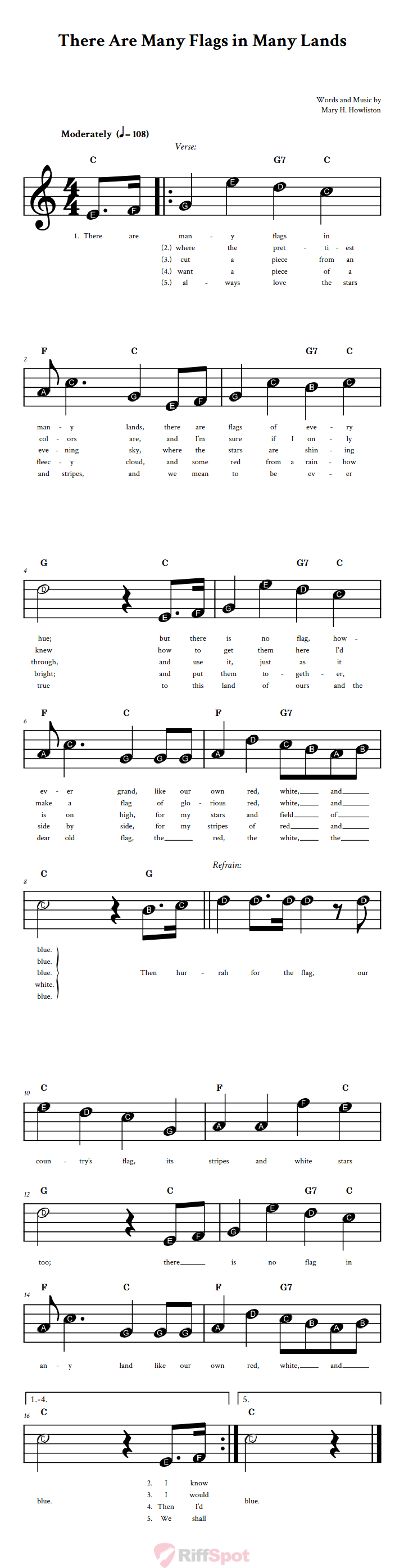 There Are Many Flags in Many Lands Beginner Treble Clef Sheet Music With Letters for Note Names