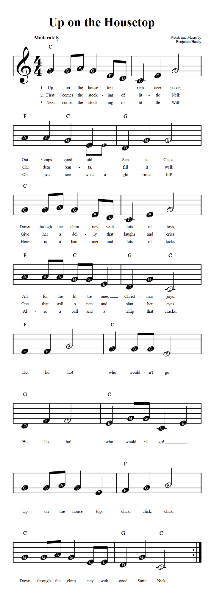 Up on the Housetop Beginner Sheet Music with Chords and Lyrics