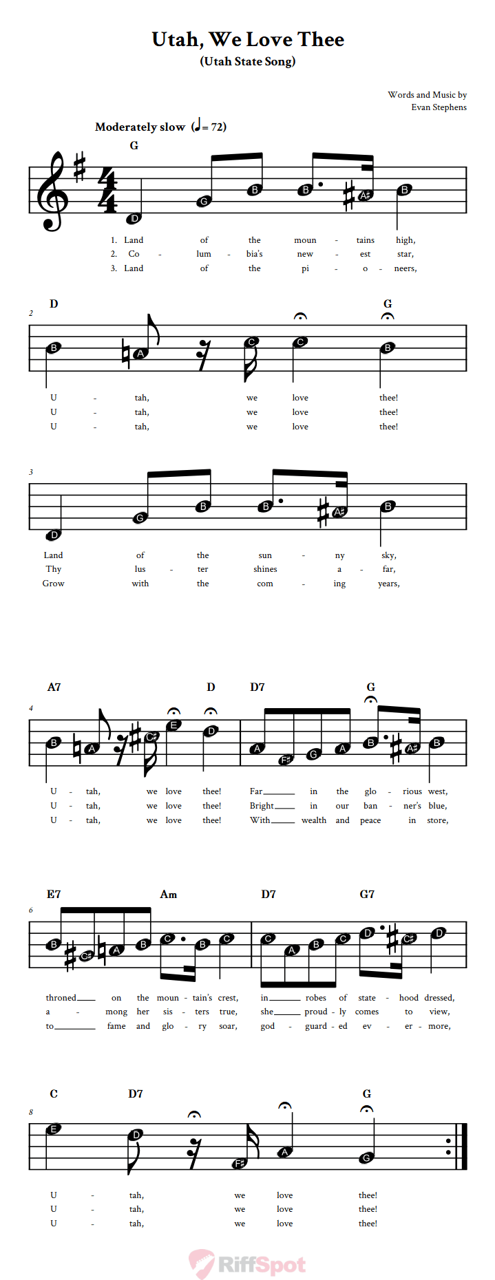 Utah, We Love Thee Beginner Treble Clef Sheet Music With Letters for Note Names