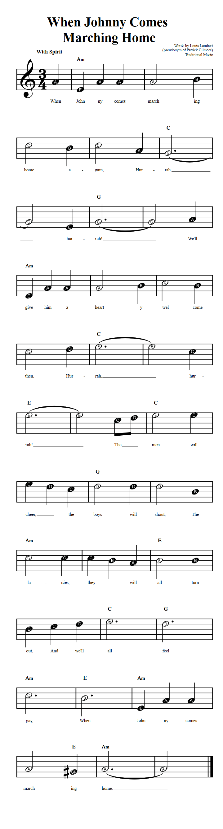 When Johnny Comes Marching Home  Beginner Sheet Music