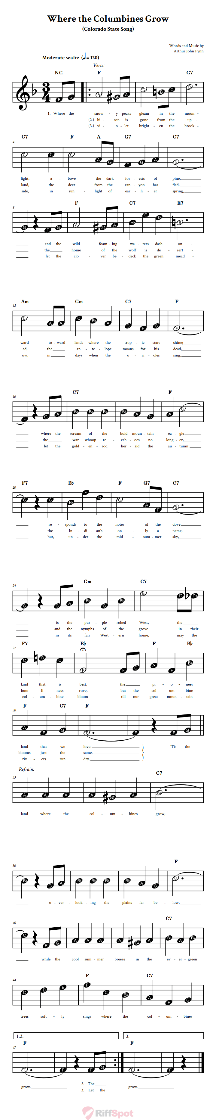 Where the Columbines Grow Beginner Treble Clef Sheet Music With Letters for Note Names
