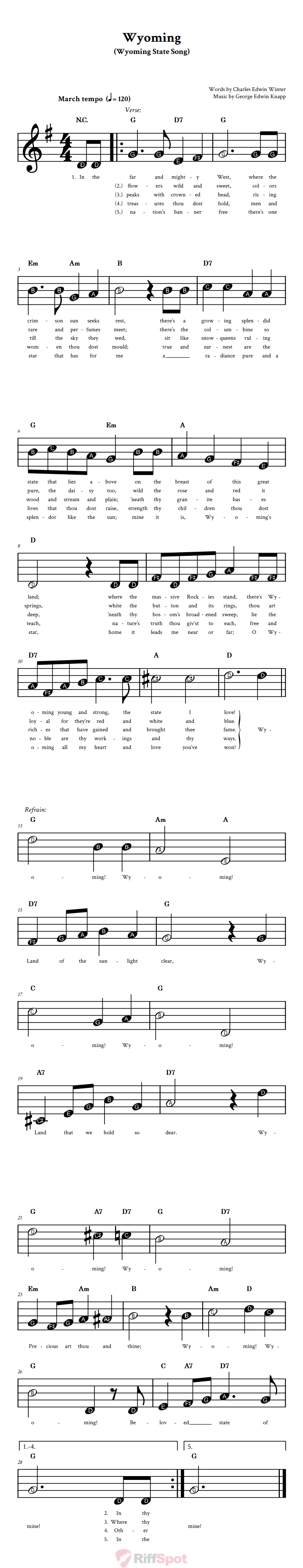 Wyoming Beginner Treble Clef Sheet Music With Letters for Note Names