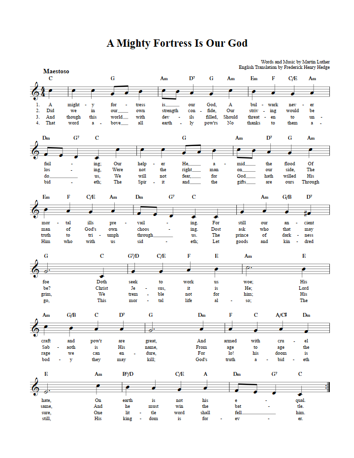 A Mighty Fortress Is Our God Treble Clef Sheet Music for C Instruments