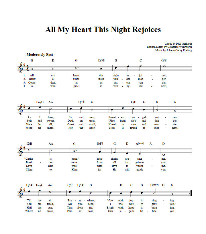 All My Heart This Night Rejoices Treble Clef Sheet Music for C Instruments