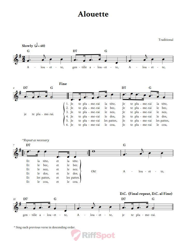 Alouette Treble Clef Sheet Music for C Instruments
