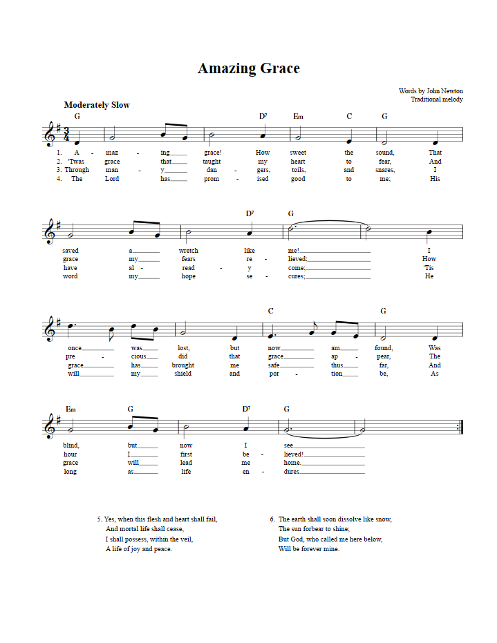 Amazing Grace Treble Clef Sheet Music for C Instruments