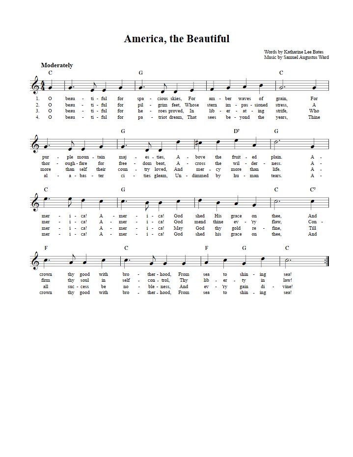 America, the Beautiful Treble Clef Sheet Music for C Instruments
