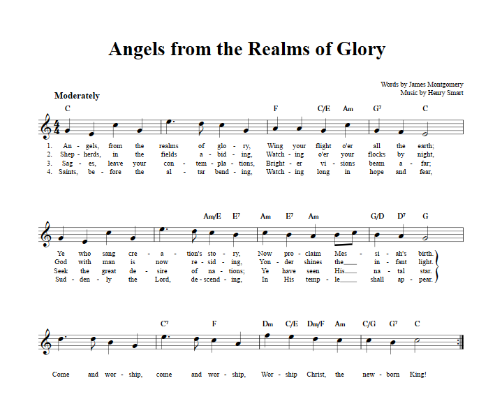 Angels from the Realms of Glory Treble Clef Sheet Music for C Instruments