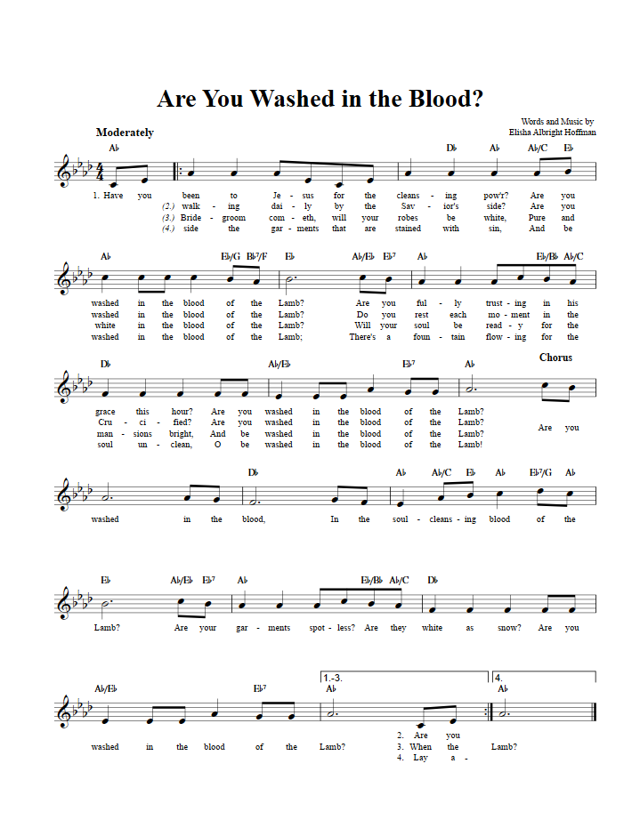 Are You Washed in the Blood? Treble Clef Sheet Music for C Instruments