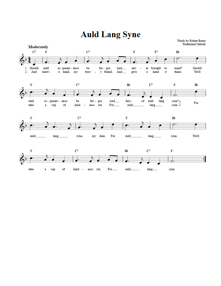 Auld Lang Syne Treble Clef Sheet Music for C Instruments