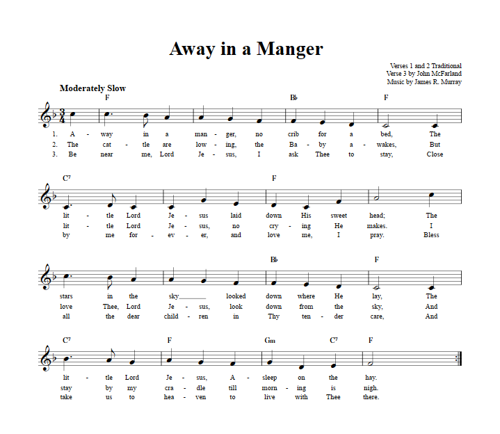 Away in a Manger Treble Clef Sheet Music for C Instruments