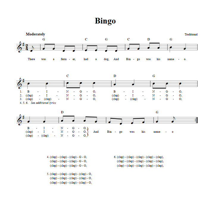 Bingo Treble Clef Sheet Music for C Instruments
