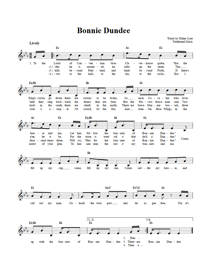 Bonnie Dundee Treble Clef Sheet Music for C Instruments
