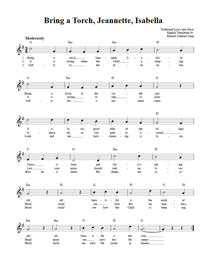 Bring a Torch, Jeannette, Isabella Treble Clef Sheet Music for C Instruments