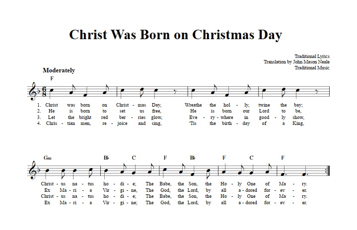 Christ Was Born on Christmas Day Treble Clef Sheet Music for C Instruments