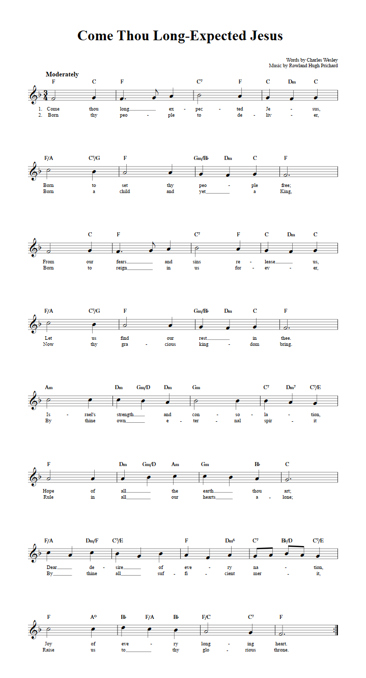 Come Thou Long-Expected Jesus Treble Clef Sheet Music for C Instruments