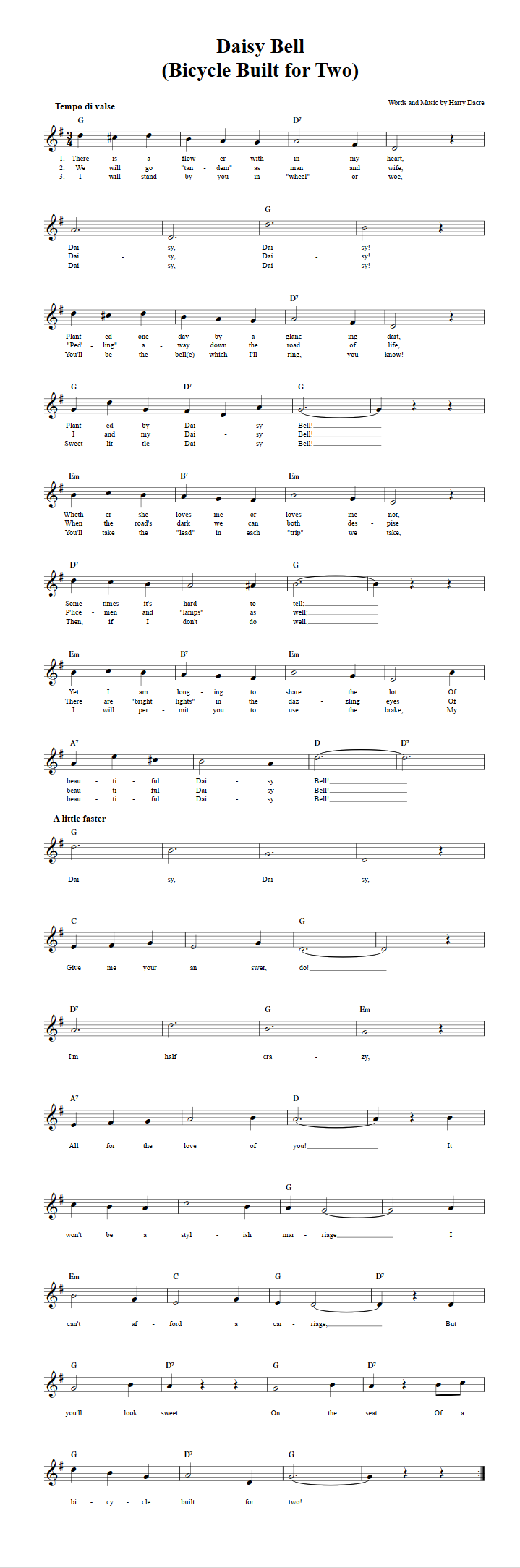 Daisy Bell Treble Clef Sheet Music for C Instruments