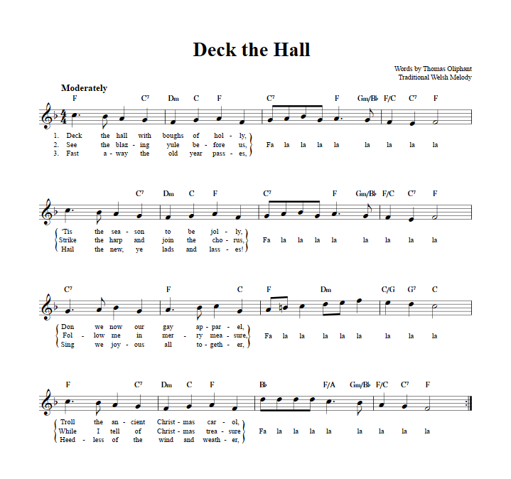 Deck the Hall Treble Clef Sheet Music for C Instruments