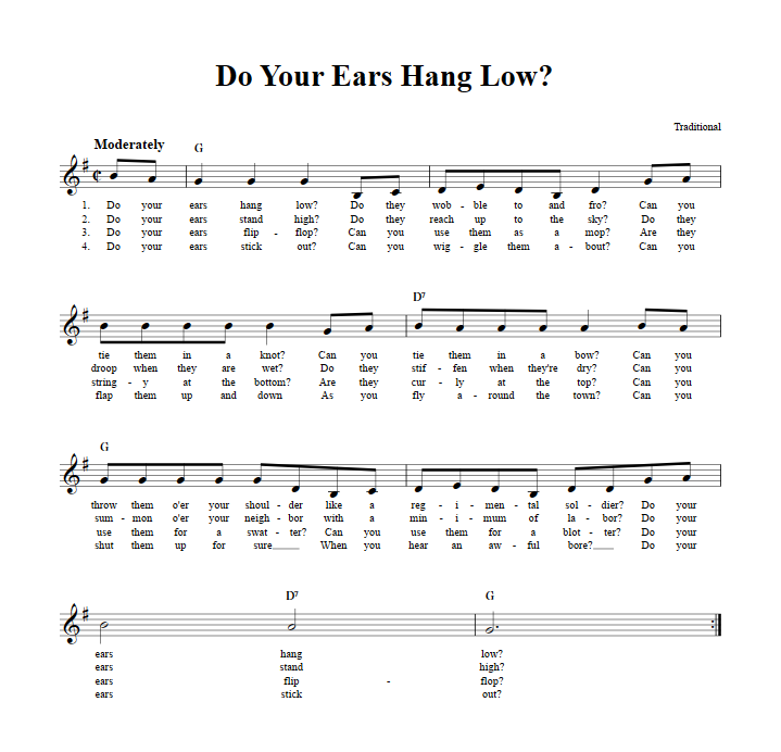 Do Your Ears Hang Low? Treble Clef Sheet Music for C Instruments