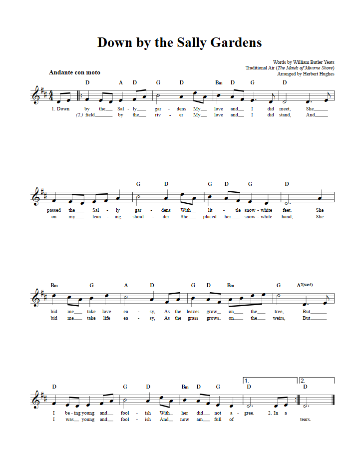 Down by the Sally Gardens Treble Clef Sheet Music for C Instruments