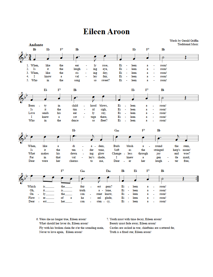 Eileen Aroon Treble Clef Sheet Music for C Instruments
