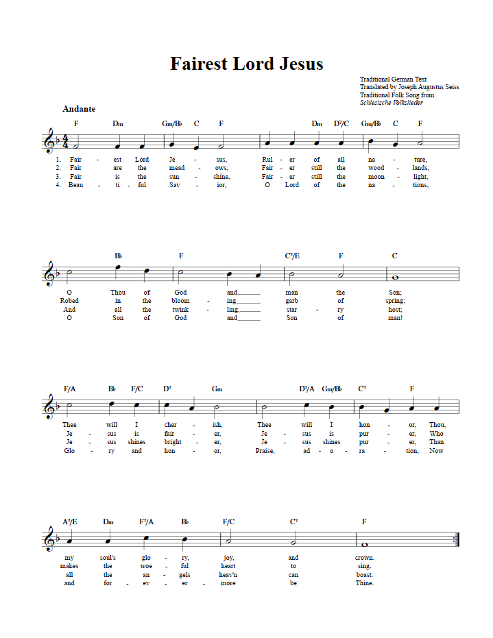 Fairest Lord Jesus Treble Clef Sheet Music for C Instruments