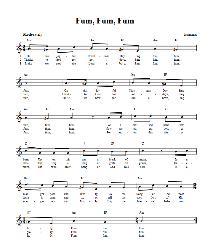 Fum, Fum, Fum Treble Clef Sheet Music for C Instruments