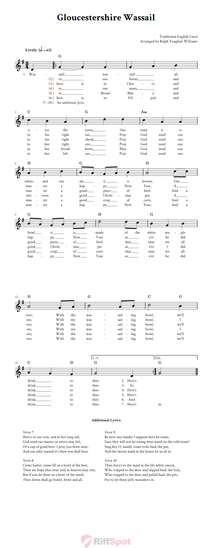 Gloucestershire Wassail Treble Clef Sheet Music for C Instruments
