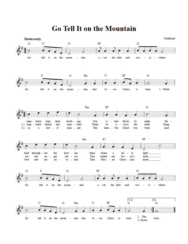 Go Tell It on the Mountain Treble Clef Sheet Music for C Instruments