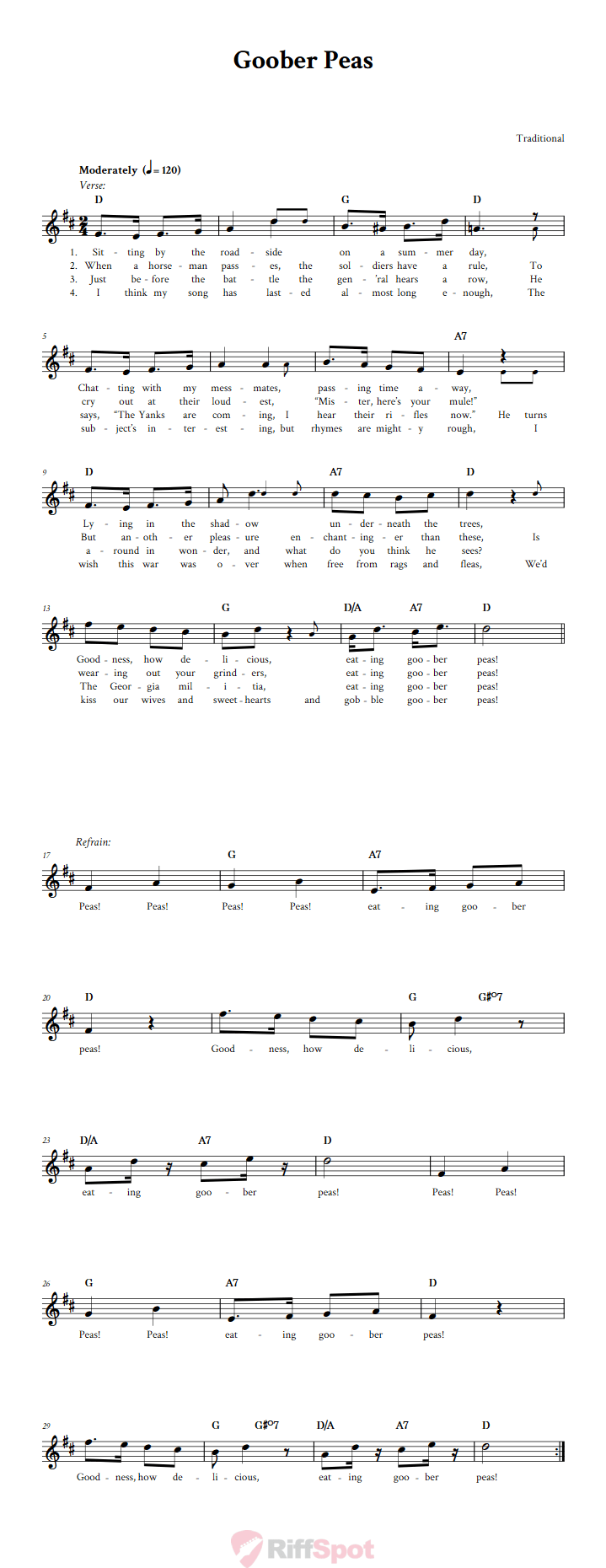 Goober Peas Treble Clef Sheet Music for C Instruments