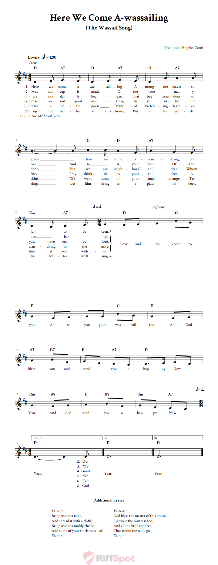 Here We Come A-wassailing Treble Clef Sheet Music for C Instruments