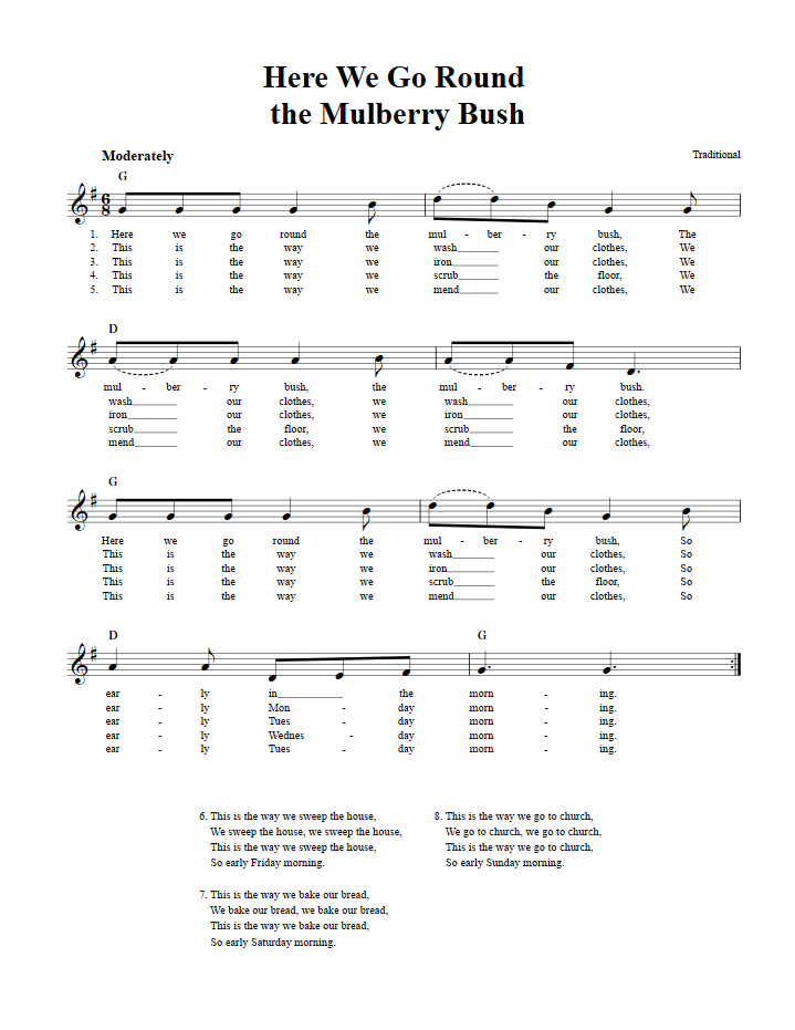 Here We Go Round the Mulberry Bush Treble Clef Sheet Music for C Instruments