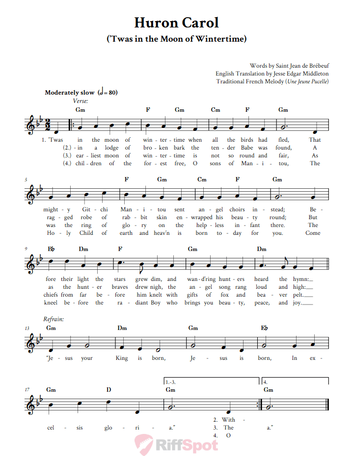 Huron Carol Treble Clef Sheet Music for C Instruments