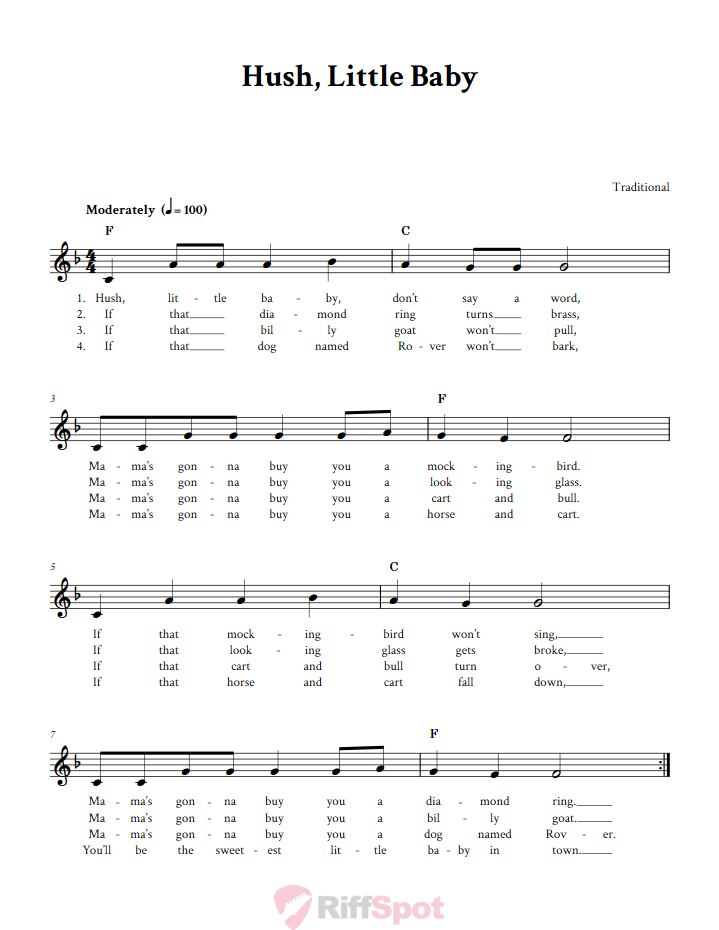 Hush, Little Baby Treble Clef Sheet Music for C Instruments